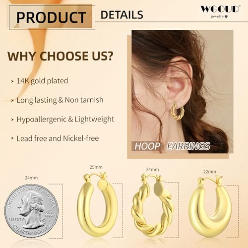 3Pairs 14K Gold Plated Chunky Hoop Earrings Set for Women, Trendy Hoop Earring 925 Sterling Silver Post - Hypoallergenic Thick Lightweight Twisted Hoops Dainty Gold Earrings for Women Jewelry Gifts - color: Gold
