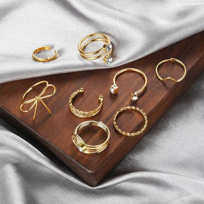 HUASAI Gold Stackable Rings Set for Women Boho Dainty Moon Star Pearl Leaf Cubic Zirconia Heart Midi Pinky Trendy Jewelry Birthday Gifts - color: Z16 Gold Bow Rings 8 Pcs