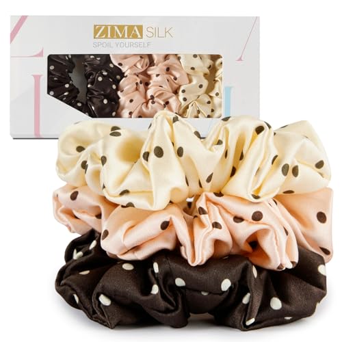 ZIMASILK 100% Pure Mulberry Silk Hair Scrunchies for Women | No Damage - Gentle Elastic Hair Ties for Ponytail Holder - Hair Accessories (3 Pack, Polka Dot) - color: Polka Dot (3pcs)
