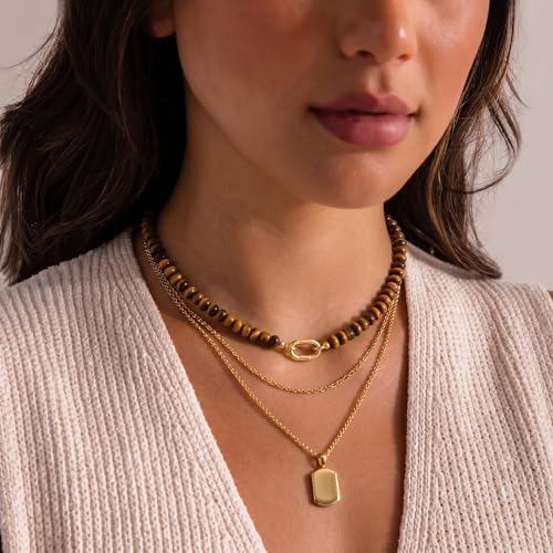 CONRAN KREMIX Colorful Stone Beaded Necklace for Women,Natural Gemstone Bead Choker Necklaces Boho Summer Beach Layering Necklace Jewelry Gift for Women - color: Tiger Eye Stone