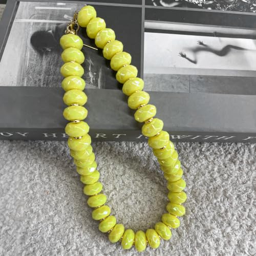 Colorful Chunky Acrylic Beaded Choker Necklaces for Women | Multicolor Faceted Beads, Sturdy Metal Chain, Adjustable Detachable, Lightweight, Summer Boho, Sparkly Statement Jewelry Gift - color: Light Yellow
