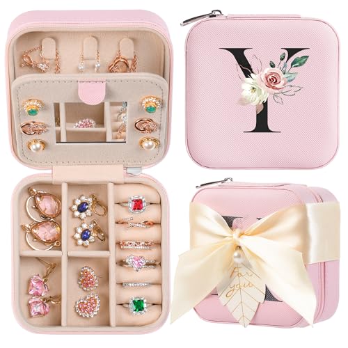 AYGXU Travel Jewelry Box for Women and Girls - Small Case With Initial A-Z - Teacher Gifts - color: pink, size: Y