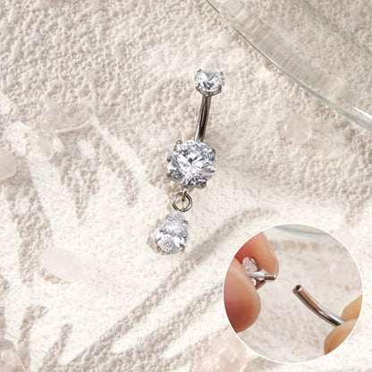 G23 Titanium Belly Button Rings Dangle CZ Belly Rings Curved Navel Rings Teardrop Internally Threaded Cute Belly Piercing 8mm-16mm - color: Style A| Silver, size: 14MM