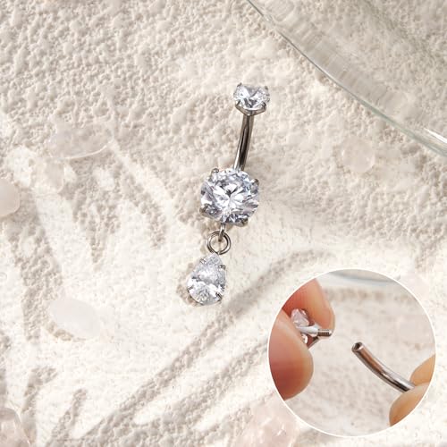 G23 Titanium Belly Button Rings Dangle CZ Belly Rings Curved Navel Rings Teardrop Internally Threaded Cute Belly Piercing 8mm-16mm - color: Style A| Silver, size: 10MM