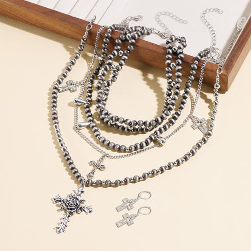 Bocar Gothic Cross Layered Pearl Necklace Chunky Statement Stacked Necklace Y2K Silver Layered Necklace for Women (NK-10769) - color: Navajo