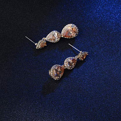 Women's Cubic Zirconia Bridal Earrings - Elegant Long Wedding Party Prom Earring for Bride Bridesmaids Crystal CZ Rhinestone Chandelier Statement Dangle Drop Earrings for Women - color: Champagne