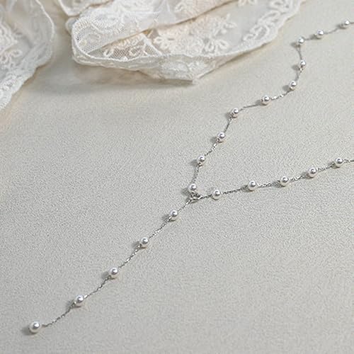 HAXIYA Gold Pearl Y-Shaped Necklace for Women Layered Lariat Long Pendant | 14K Gold Plated/Sterling Silver Dainty Drop Chain Layered Pearl/Beaded Necklaces Simple Gold Jewelry for Women - color: Pearl Set - Silver