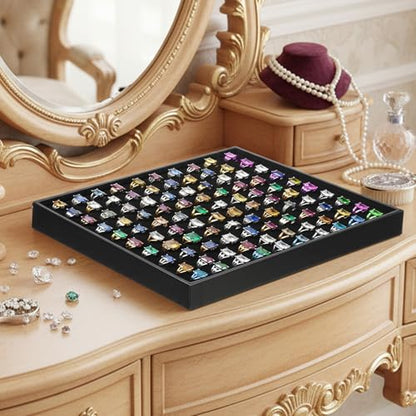 3 Pcs Stackable Ring Tray Set for Drawer, 100 Slots Velvet Jewelry Organizer Dish, Black Wooden Ring Display Case for Retail Store, Flea Market, Home Vanity (13.8 x 9.4 x 1.2 inches)