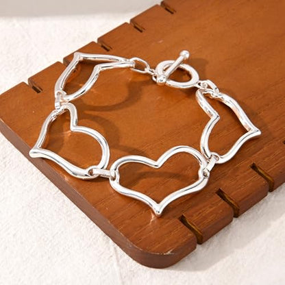 14K Gold & Silver Plated Lightweight Link Bracelet for Women | Stackable Bracelets ,14K Gold Plated Bracelets with CZ,Lightweight Trendy Chain Bracelet Jewelry Gift - style: silver heart