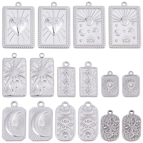 SUNNYCLUE 1 Box 16Pcs 8 Styles Stainless Steel Celestial Charms Silver Sun Moon Charms Bulk Assorted Shape Heart Star Tarot Alloy Magic Dangle Pendants for Jewelry Making DIY Crafting Supplies Women