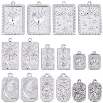 SUNNYCLUE 1 Box 16Pcs 8 Styles Stainless Steel Celestial Charms Silver Sun Moon Charms Bulk Assorted Shape Heart Star Tarot Alloy Magic Dangle Pendants for Jewelry Making DIY Crafting Supplies Women