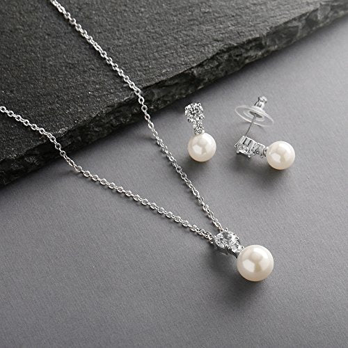 Mariell Pearl Wedding Necklace Earrings Set with CZ Crystal, Jewelry for Brides, Bridesmaid, Mother's Day - color: Silver-Clear Cubic Zirconia