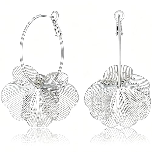 Gold Silver Flower Hoop Earrings for Women 14K Gold Plated Large Layered Flower Dangle Drop Earrings Wedding Party Holiday Birthday Gifts Lightweight Trendy Bohemian Jewelry Gift for Her - color: Silver