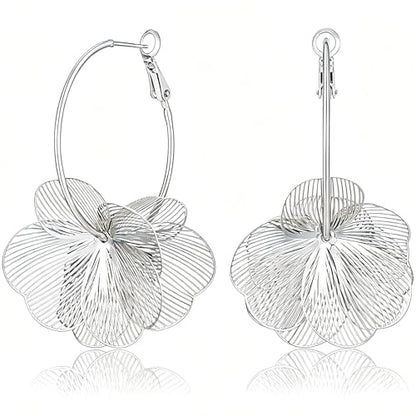 Gold Silver Flower Hoop Earrings for Women 14K Gold Plated Large Layered Flower Dangle Drop Earrings Wedding Party Holiday Birthday Gifts Lightweight Trendy Bohemian Jewelry Gift for Her - color: Silver