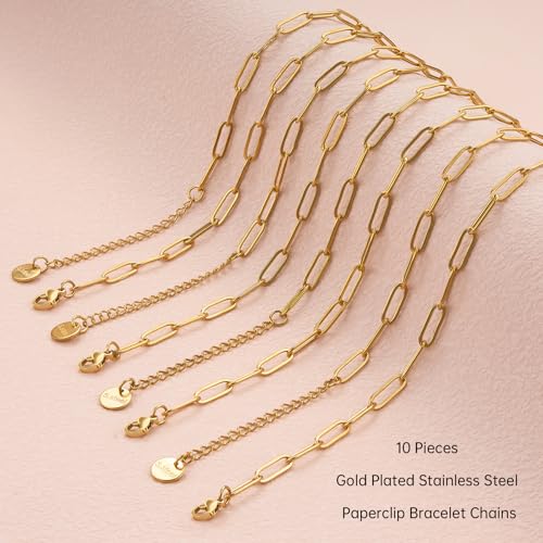UMAOKANG 10PCS 6.5" Gold Paperclip Bracelet Chain Bulk for Jewelry Making | PVD Gold Plated Stainless Steel Bracelets Adjustable Hand Chain Bracelet Set - color: 10pcs Gold