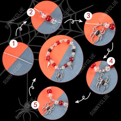 SUNNYCLUE 1 Box 6 Sets Halloween Bracelets Kit Coffin Spider Charms Gothic Charm Round Heart Star Bead Black Red Glass Spacer Beads for Jewelry Making Kits Women Adults DIY Bracelets Craft Gifts