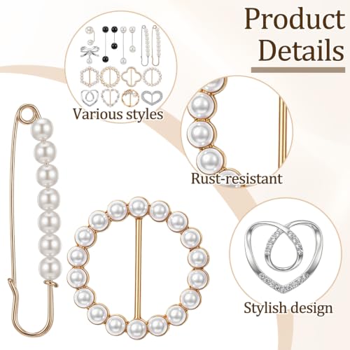 16PCS Pearl Brooch Pins Set & 8PCS Scarf Ring Clip | Decorative Safety Pins for Clothing T-shirt Ties Clips Pearl Collar Clips Dress Cinch Clip for Clothes Cardigan Dress Sweater