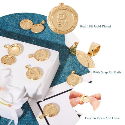 Craftdady 18K Gold Plated Brass Photo Locket Frame Pendants Charms for Necklaces Personalized Jewelry Crafts Making - size: 22.5x20mm Round