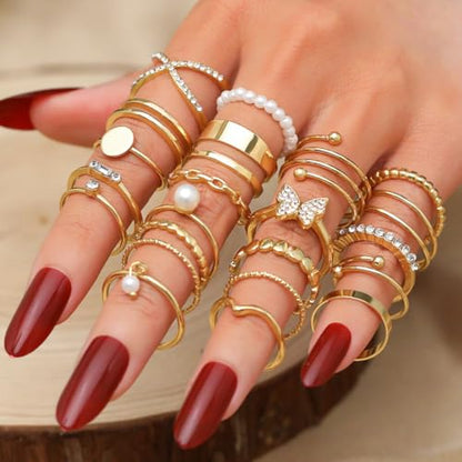 Airvess Gold Knuckle Rings for Women Trendy, Vintage Stackable Rings 14k Gold Plated Rings Sets Dainty Joint Finger Midi Ring Cute Rings Pack Festival Jewelry Gift - style: 22 Pcs