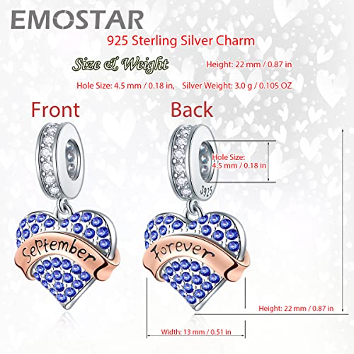 EMOSTAR Jan-Dec Birthstone Charms fits European Birthday Bracelet, Dangle 925 Sterling Silver Heart Shaped Pendant with 12 Months Birthstones, Gifts for Mom/Women - color: September Birthstone