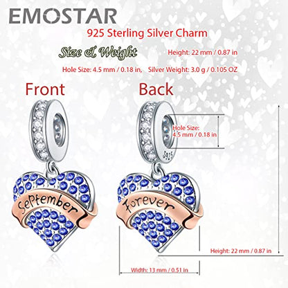 EMOSTAR Jan-Dec Birthstone Charms fits European Birthday Bracelet, Dangle 925 Sterling Silver Heart Shaped Pendant with 12 Months Birthstones, Gifts for Mom/Women - color: September Birthstone