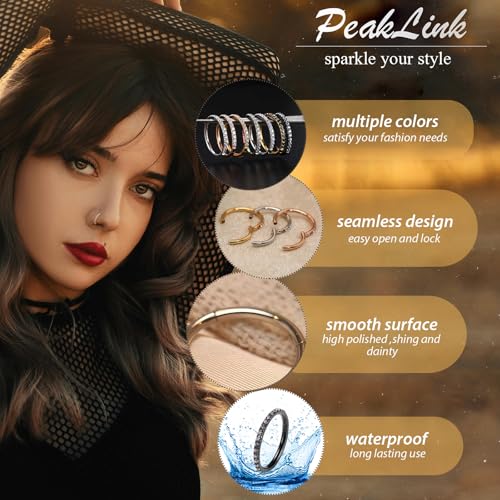 PEAKLINK Nose Ring 316L Surgical Steel Helix Cartilage Conch Earring with Gem Septum Clicker Daith Rook Tragus Lip Belly Ear Lobe Piercing Jewelry Nose Hoop, Diameter 5mm to 12mm - color: Black with Clear CZ