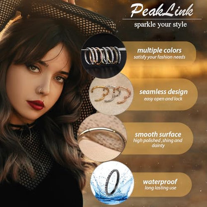 PEAKLINK Nose Ring 316L Surgical Steel Helix Cartilage Conch Earring with Gem Septum Clicker Daith Rook Tragus Lip Belly Ear Lobe Piercing Jewelry Nose Hoop, Diameter 5mm to 12mm - color: Gold with Mix Color CZ