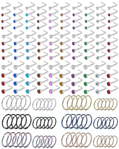 180Pcs 20G Surgical Stainless Steel Nose Rings Hoops Straight/L Shapes Nose Studs 2.0/2.5/3.0mm Cubic zirconia Hypoallergenic Nose Studs Silver Gold Rose Gold Black Rainbow Blue Lip Rings Nose Rings Piercing Jewelry Set for Women Men - style: A:Hoops &L S