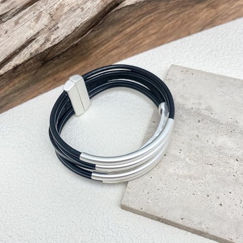 Bracelets for Women Leather Bracelet Multi-Layer Rope Wrap Bangle 14k Gold Plated Cirle Hollow Tube Boho Cuff Bangle Bracelets for Women Gift - style: Tube-Black Leather Bracelet(Silver)
