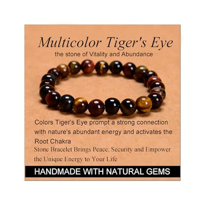 MASSIVE BEADS Handmade Yoga Stretch Elastic Bracelet Natural Stone Crystal Healing Power Energy Gifts for Unisex Adult 4mm 6mm 8mm 10mm - color: 3-Tiger's Eye (Vitality and Abundance), size: 8mm