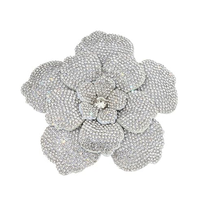 Rhinestone Flower Brooch Pin for Women Men Elegant Sparkly Crystal Camellia Floral Lapel Pins Shawl Dress Suit Clothes Accessories Wedding Party Fashion Jewelry 105mm - color: White