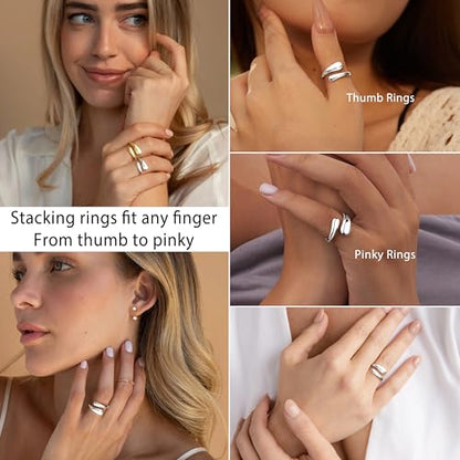 Non Tarnish Gold Chunky Rings for Women, 14K Gold Plated Statement Dome Rings Stacking Silver, Adjustable Mens Eternity Wedding Band Mixed Metal Jewelry Size 3-13 - color: Silver, size: 7, style: Open Twist Band
