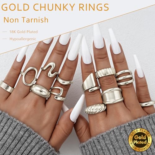 17 MILE Chunky Gold Stackable Rings for Women Non Tarnish, 18K Gold-Plated Statement Open Stacking Rings, Knuckle Band Ring Set - color: 12 Pcs Silver
