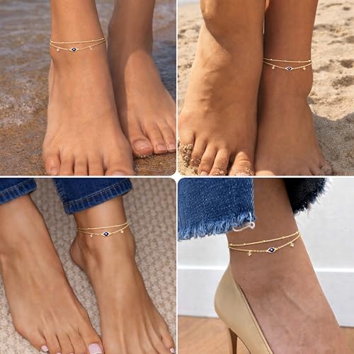 Gold/Sterling Silver Anklet Bracelets for Women Waterproof, Non Tarnish 925 Sterling Sliver Plated Heart Evileye Butterfly Charm, Dainty Summer Beach Anklets for Women, Beach Vacation Bikini Outfits for Her Mom - style: Evil eye-Gold