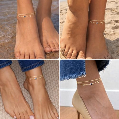 Gold/Sterling Silver Anklet Bracelets for Women Waterproof, Non Tarnish 925 Sterling Sliver Plated Heart Evileye Butterfly Charm, Dainty Summer Beach Anklets for Women, Beach Vacation Bikini Outfits for Her Mom - style: Evil eye-Gold