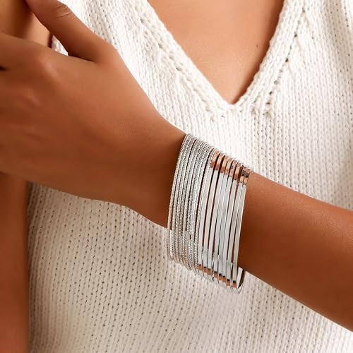 Gold Bangles for Women, 12 Pcs Boho Stackable Bracelets Multi Layer Textured Chunky Bracelets Jewelry Set for Women - color: Style B- 17 pcs silver