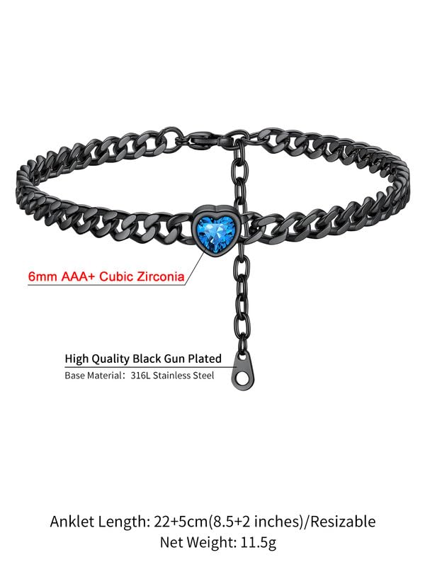 ChainsHouse Cuban Chain Anklets for Women with Heart Birthstone Jan - Dec | Stainless Steel Black Link Chain Ankle Bracelet with Birthstone, Beach Women Anklet 22cm-27cm Adjustable, with Gift Box - color: 12. Dec.-Tanzantite-Black