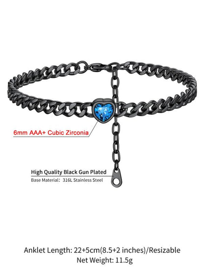 ChainsHouse Cuban Chain Anklets for Women with Heart Birthstone Jan - Dec | Stainless Steel Black Link Chain Ankle Bracelet with Birthstone, Beach Women Anklet 22cm-27cm Adjustable, with Gift Box - color: 12. Dec.-Tanzantite-Black