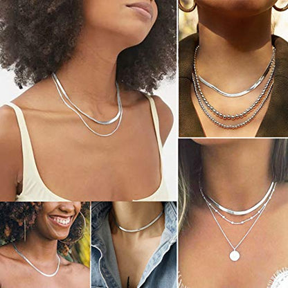 ChainsHouse Flat Snake Chain Herringbone Choker Necklace for Women, Stainless Steel/Rose Gold/18K Gold Plated Dainty Adjustable Simple Short Layered Necklaces, 12"/15"/18" with 3.5" Extender - color: b. sterling silver-3mm