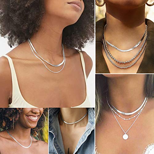 ChainsHouse Flat Snake Chain Herringbone Choker Necklace for Women, Stainless Steel/Rose Gold/18K Gold Plated Dainty Adjustable Simple Short Layered Necklaces, 12"/15"/18" with 3.5" Extender - color: b. sterling silver-3mm
