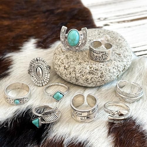 Airvess Vintage Knuckle Rings Set, Chunky Turquoise Stackable Rings, Silver Joint Finger Stacking Rings, Bohemian Western Jewelry for Women - style: 9 Pcs