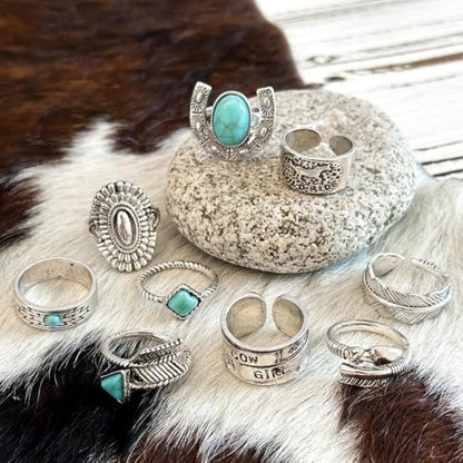 Airvess Vintage Knuckle Rings Set, Chunky Turquoise Stackable Rings, Silver Joint Finger Stacking Rings, Bohemian Western Jewelry for Women - style: 9 Pcs