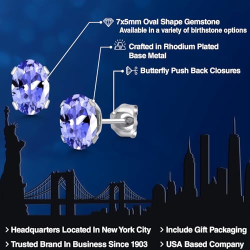 Gem Stone King Oval Gemstone Birthstone Stud Earrings for Women Men | Oval Cut 7X5MM | Fine Jewelry Gifts for Mom Dad Wife Him Her - style: Tanzanite, December