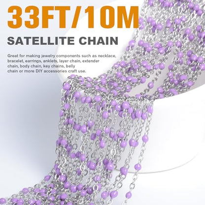 33FT 2mm Stainless Steel Purple Enamel Link Chains Bulk for Jewelry Making | 304 Stainless Steel Enamel Beaded Cable Chains Roll Spool for Necklace Bracelet Craft - color: Stainless Steel Purple Beads