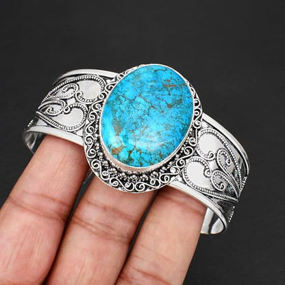 Silver Plated Statement Cuff Bangle Bracelet for Women – Handcrafted Wide Boho Bracelet with Natural Stone Inlay (Abalone Shell, Blue Turquoise, Malachite) Ideal Gift For Birthday Anniversaries Adjustable Fashion Jewelry - color: Blue Turquoise