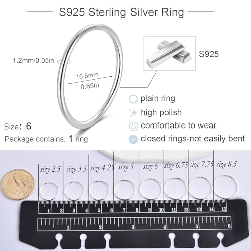 CANDYFANCY 925 Sterling Silver 1.2mm Stacking Midi Thin Rings Thumb Pinky Ring Stack Knuckle Rings for Women Band Ring Size 2.5-8.5 - color: silver-1pcs, size: 6
