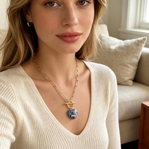 Teardrop CZ Pendant Paperclip Chain Necklace 18K Plated Paperclip Toggle Necklace Jewelry Birthstone Gift for Women - color: Blue patterned