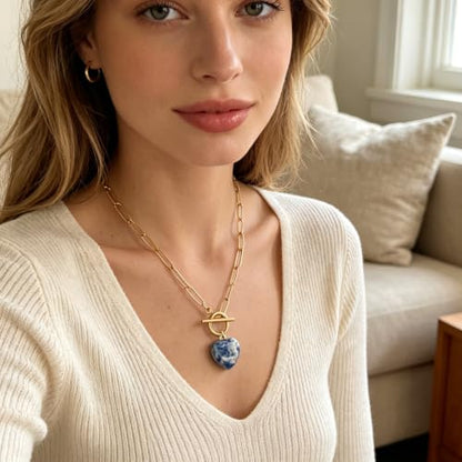 Teardrop CZ Pendant Paperclip Chain Necklace 18K Plated Paperclip Toggle Necklace Jewelry Birthstone Gift for Women - color: Blue patterned