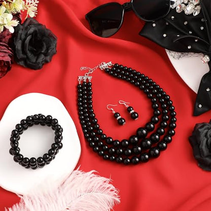 Haysandy Pearl Jewelry Set for Women 20s Jewelry Gift | Retro Layered Necklace Bracelet Earring, Costume Accessories for Derby Wedding Prom Party, Dress Matching Occasions - color: Black