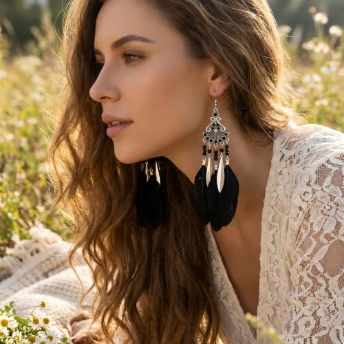 FRESHME Feather Earrings for Women - Native American Jewelry Boho Dangle Ethnic Indian Ear Drop for Music Festival Birthday - color: Black